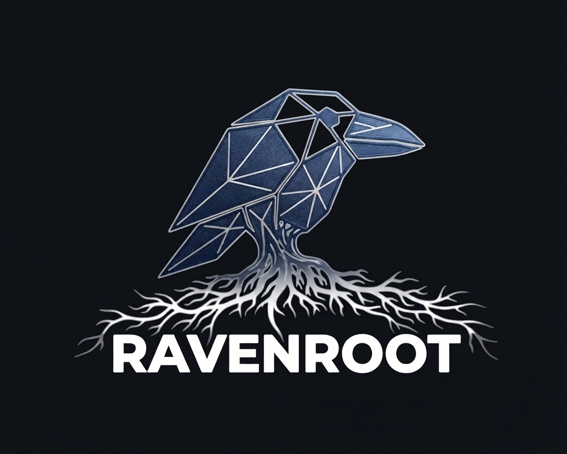 Ravenroot: a geometric navy-and-ice raven whose roots spread above the Ravenroot wordmark